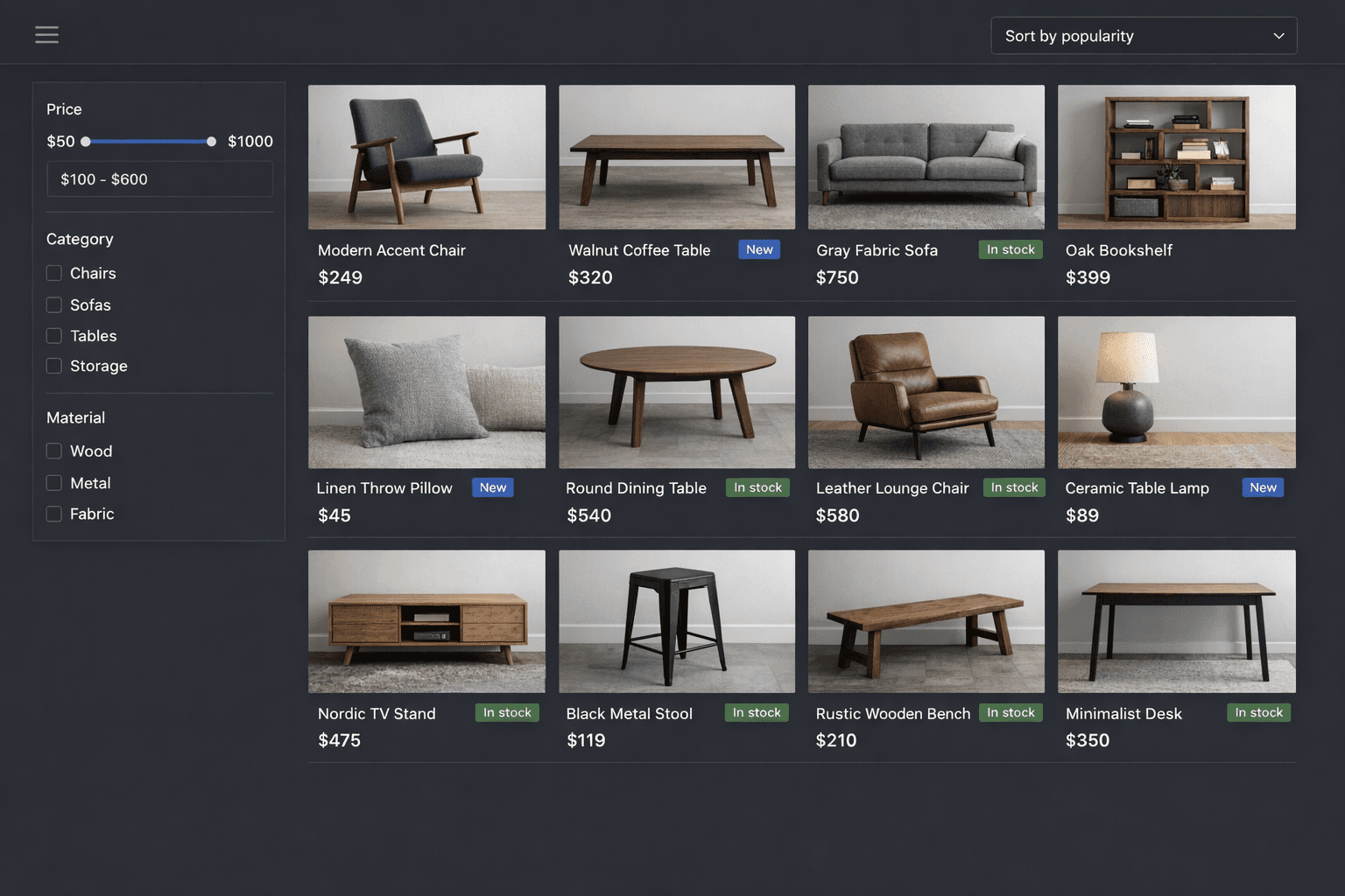 Desktop category grid with filters and sorting