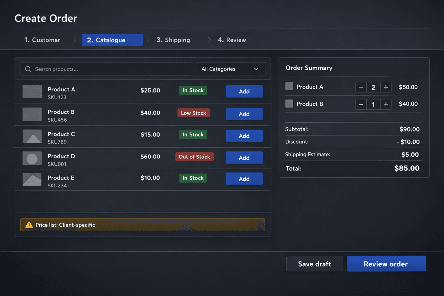 Order creation flow with client-specific pricing